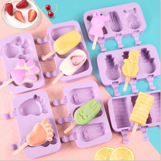 Set 2 Khuôn làm kem que silicon hình siêu cute tặng kèm 50 que gỗ - khuôn làm kem hình thú