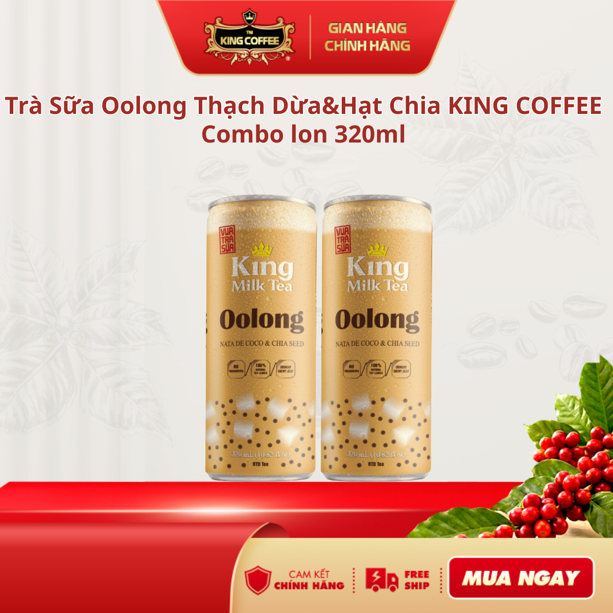 (Date August 2026) Combo of 2 Cans of King Coffee Oolong Milk Tea with Coconut Jelly and Chia Seeds -320Ml/Can