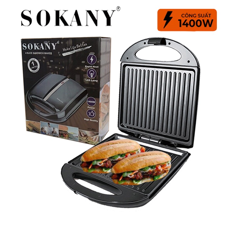 Máy kẹp nướng bánh mỳ sanwich, nướng thịt sokany bản rộng
