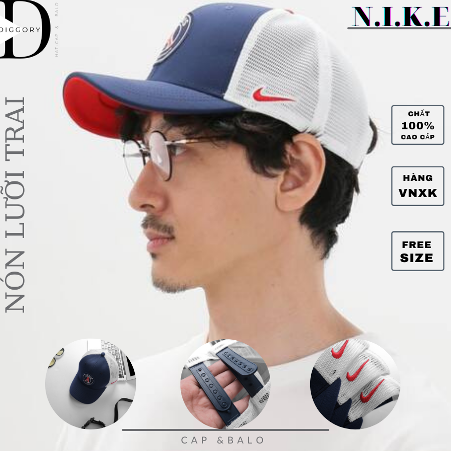 Mũ nón lưỡi trai NIK.E Paris Saint-Germain chất cotton pha lưới cao cấp, khoá bấm logo thêu. Đầy đủ tem bịch hàng VNXK