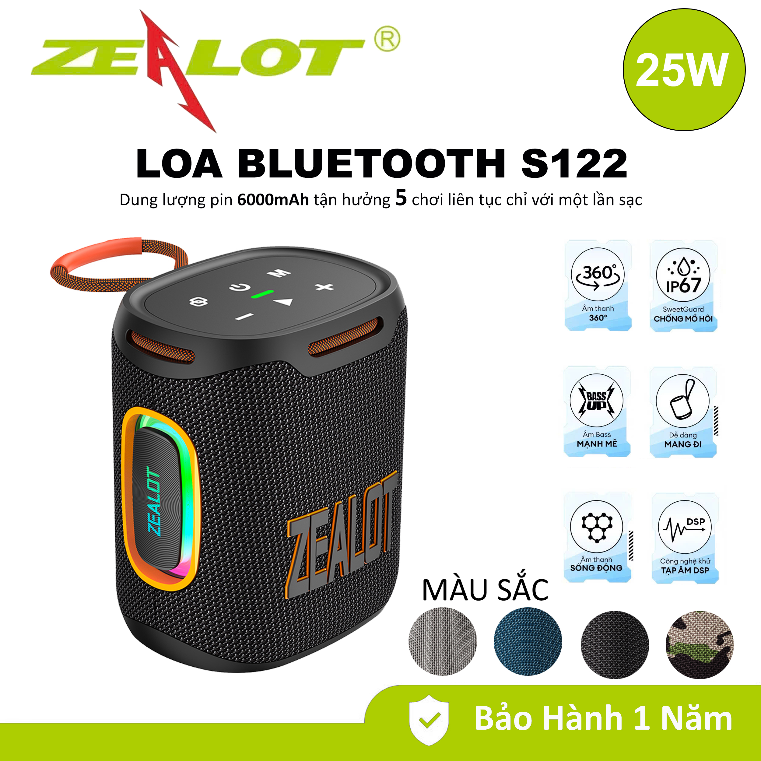 Loa di động không dây ZEALOT S122, chống nước IPX6, công suất 25W, âm thanh nổi TWS, đèn RGB dùng ngoài trời - Hàng chính hãng