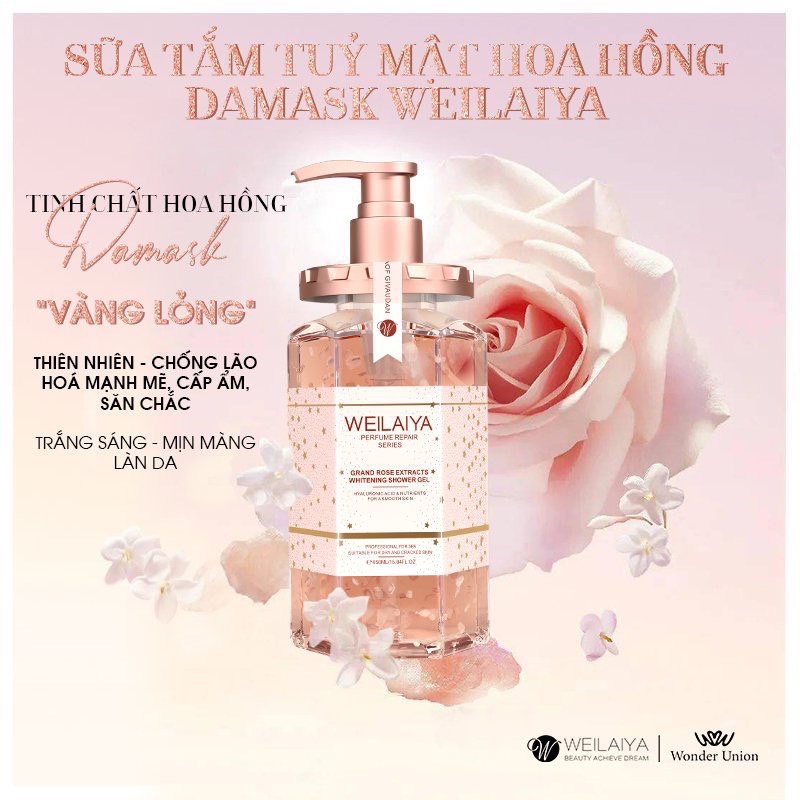 . Sữa tắm Weilaiya trắng da dưỡng ẩm tủy mật cánh Hoa Hồng 450ml. Sữa tắm dưỡng trắng da toàn thân giảm mụn lưng trắng hồng mịn màng, 3 tầng hương lưu hương thơm lâu. Sữa tắm trắng da, sữa tắm tuỷ mật hoa hồng, sữa tắm dưỡng da.