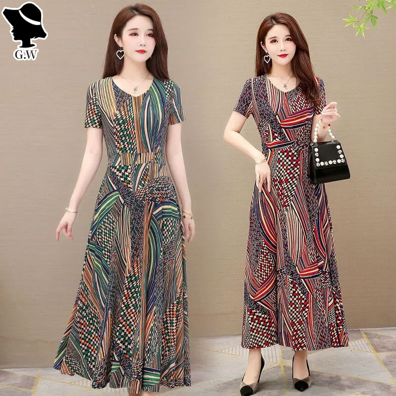 Gw đầm dài cỡ lớn cho người trung niên và người già đầm cho mẹ đầm lụa băng dài váy xòe lớn đầm dài đến đầu gối cá tính