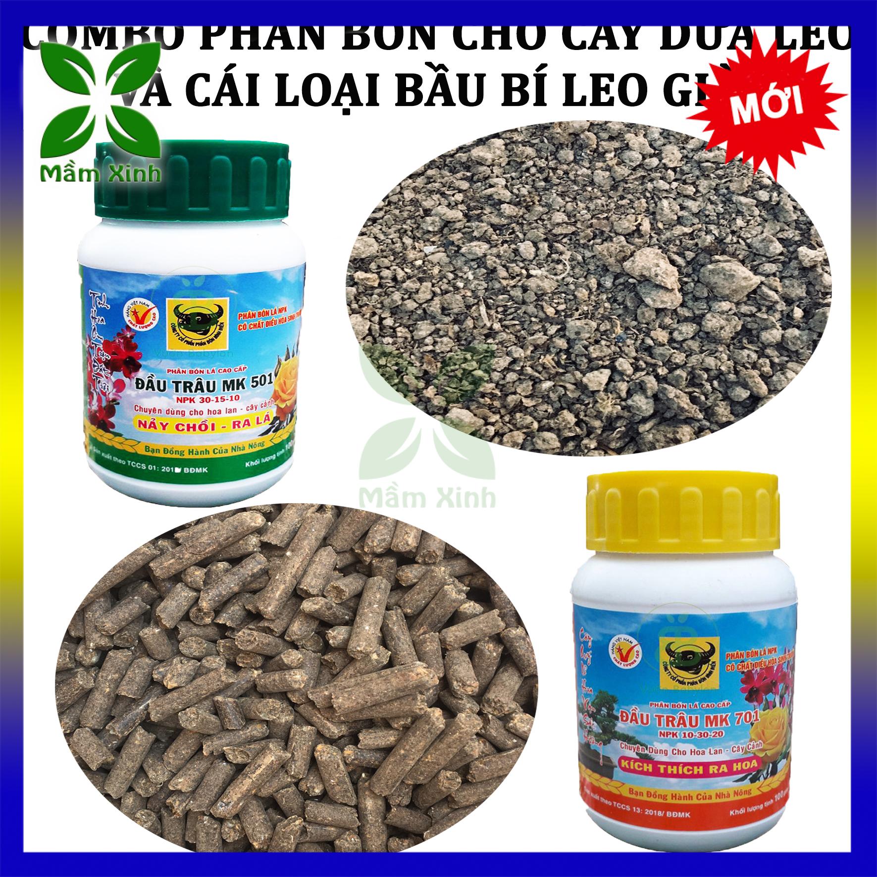 COMBO PHÂN BÓN CHO CÂY DƯA LEO VÀ CÁC LOẠI CÂY HỌ BẦU BÍ LEO GIÀN BAO GỒM: 1KG PHÂN HỮU CƠ GÀ NỞ, 1KG PHÂN HỮU CƠ GÀ NHẬT, 1 HỦ ĐẦU TRÂU 501, 1 HỦ ĐẦU TRÂU 701