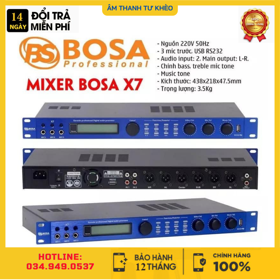 Vang số karaoke chống hú bosa x7, vang số, chống hú micro, echo reverb effect mượt mà, karaoke gia đình, hội trường, sân khấu chuyên nghiệp
