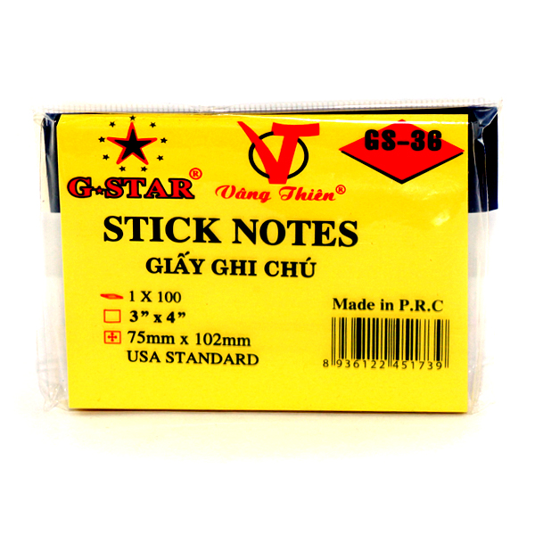 Combo 2 Xấp Giấy note, Giấy Ghi Chú vàng G-Star 3x4 ( 200 Tờ )