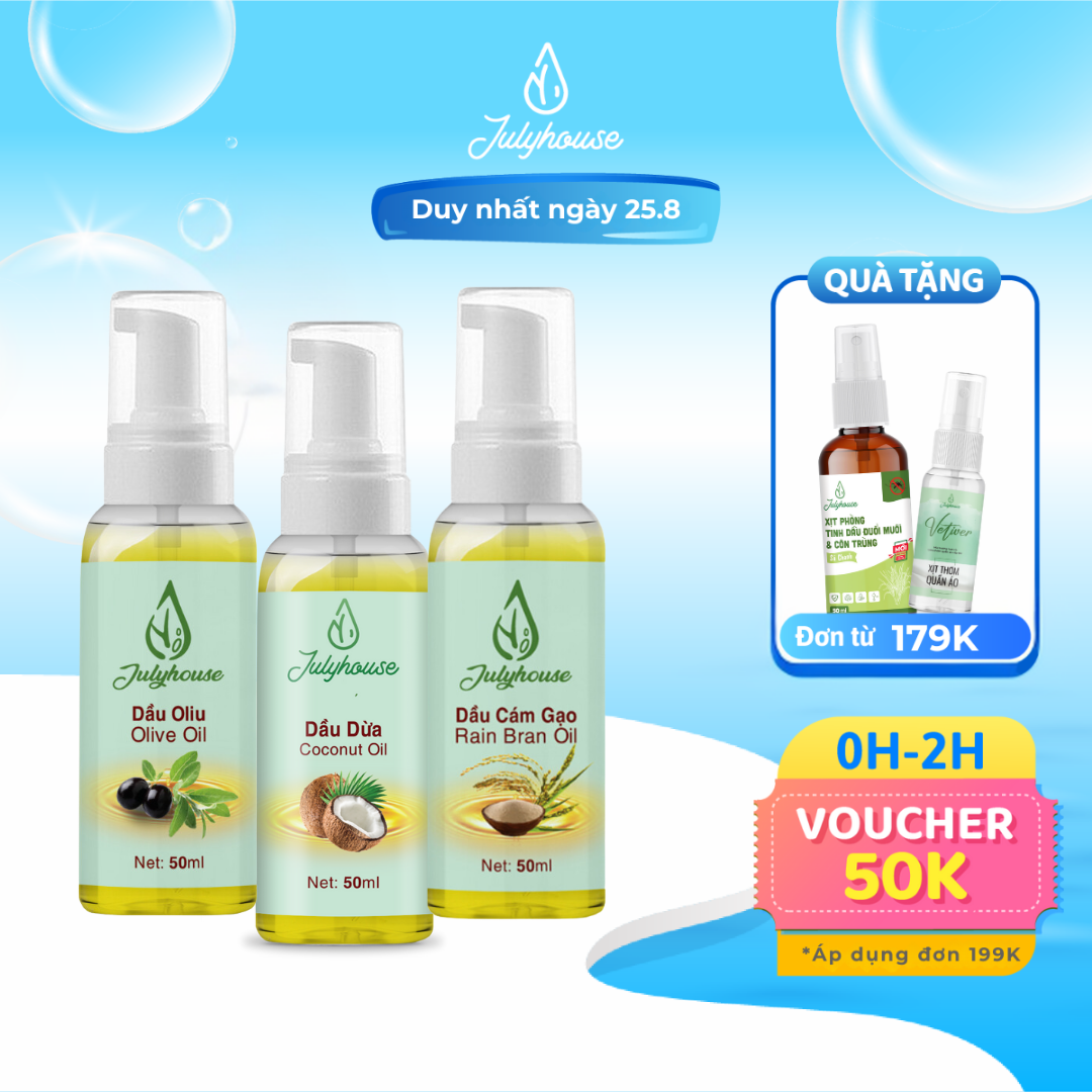 Dầu dưỡng Julyhouse 50ml/100ml các loại Dầu dừa, dầu olive, dầu mù u, dầu hạnh nhân nguyên chất