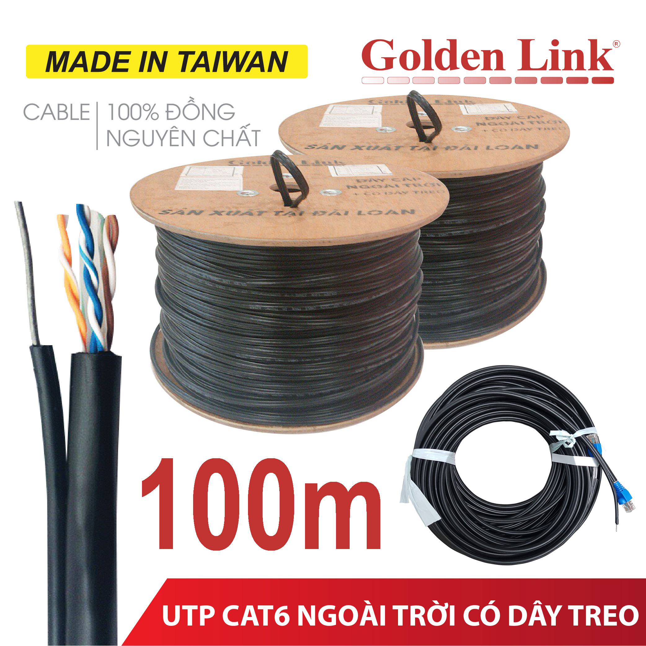 100m Cáp mạng ngoài trời Golden Link chuẩn CAT6 UTP đồng nguyên chất có dây treo – dây mạng, cáp lan, cáp internet