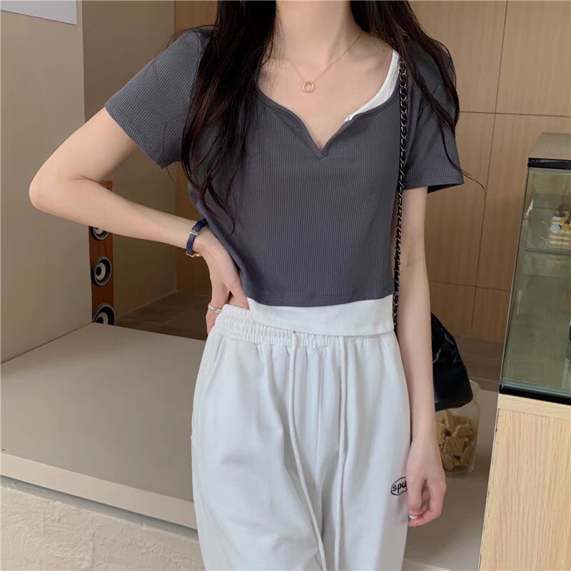 Áo croptop nữ ngắn tay phối màu độc đáo chất liệu len tăm thấm hút mồ hôi tốt áo croptop cổ v cách điệu phù hợp đi chơi