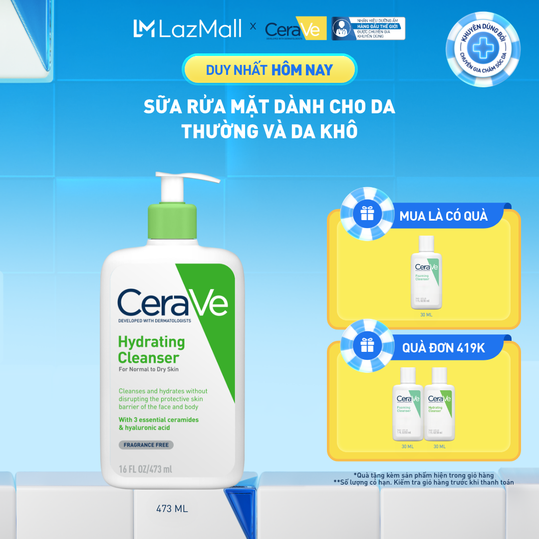 Sữa rửa mặt giúp làm sạch sâu và cấp ẩm dành cho da thường và da khô CeraVe Hydrating Cleanser 473ML