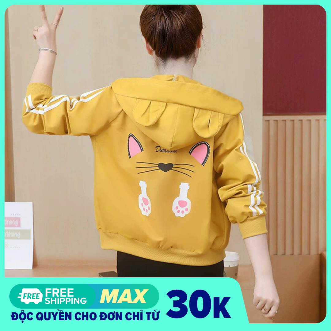 Áo Khoác Nữ Màu Vàng Cam Xuất Sắc, Áo khoác có tai mèo In hình mèo, Áo khoác dù 2 lớp cao cấp