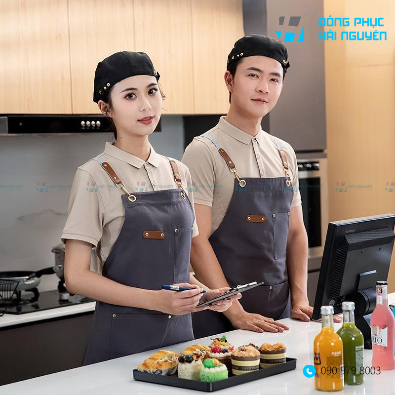 Tạp dề pha chế tạp dề đồng phục phối da cao cấp dành cho Nam Nữ vải kaki cotton
