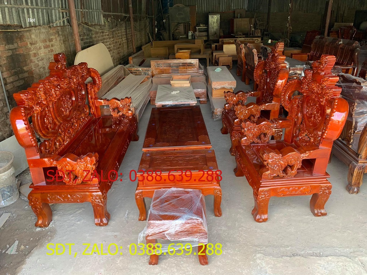 bộ bàn ghế phòng khách rồng khuỳnh gỗ xà cừ tay 12 .
