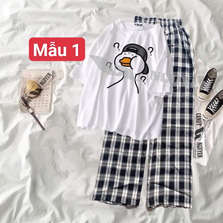 Sét bộ áo thun hình cute 4 + quần kẻ ống rộng (5323) 90