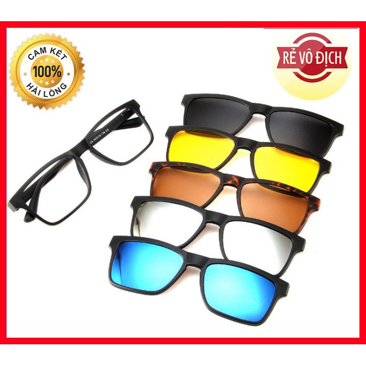 Kính 6 in 1 kính râm phom vuông kính mát cận kính đi biển chống tía UV kính đa tròng 5 in 1