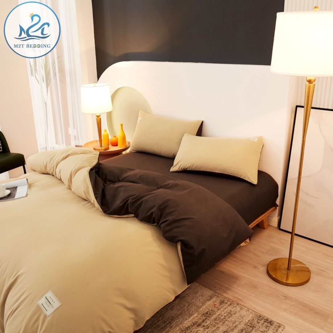  Bộ chăn ga gối cotton tici M2T Bedding Beige phối nâu - vỏ chăn ga giường và 2 vỏ gối - miễn phí bo chun drap đủ size 1m 1m2 1m4 1m6 1m8 2m 2m2 
