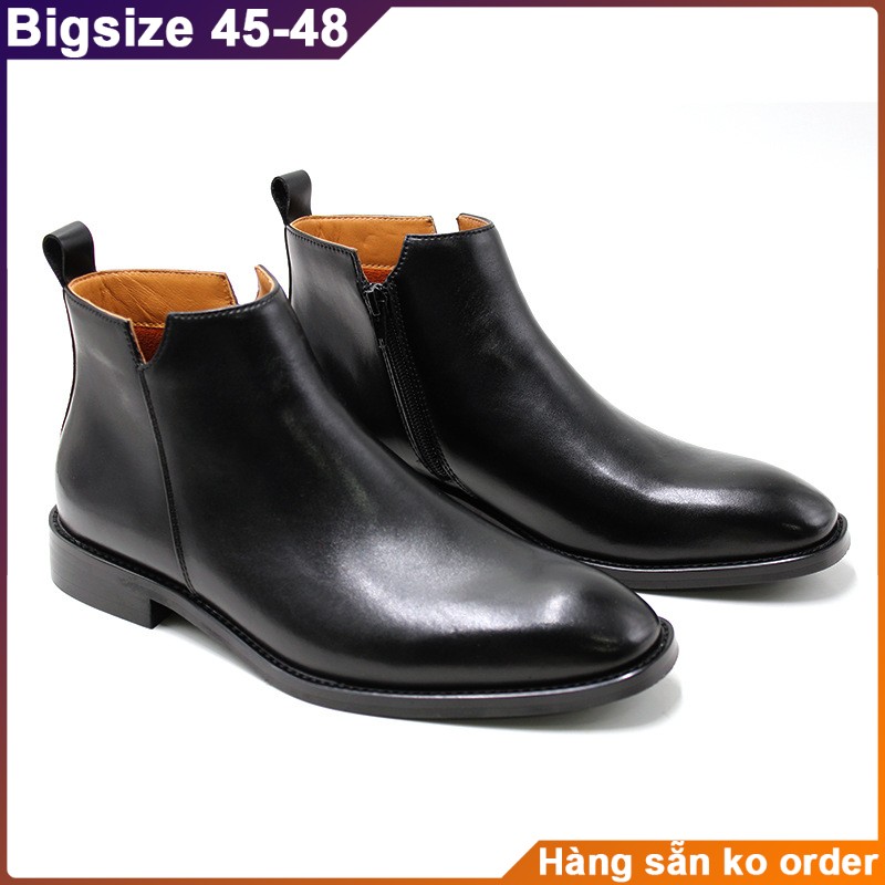 Giày da chelsea boots, giày bốt cổ cao big size cỡ lớn 45 46 47 48 cho nam chân to. Men's wide zip boots for fat feet.