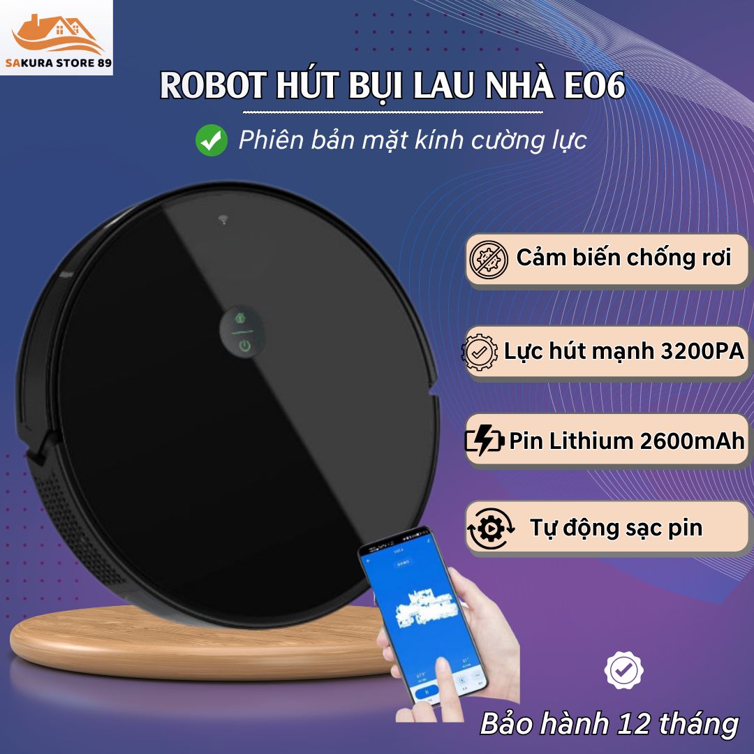  Robot hut bụi lau nhà tự sạc pin công nghệ Đức E06 Máy lau nhà thông minh Robot lau nhà quét nhà tự động - Máy Hút Bụi Tự Động. Quét Hút Lau Làm Sạch Các Vị Trí Khó Như Gầm Giường gầm Tủ ROBOT Vận Hành Êm Ái Không Gây Tiếng Ồn 