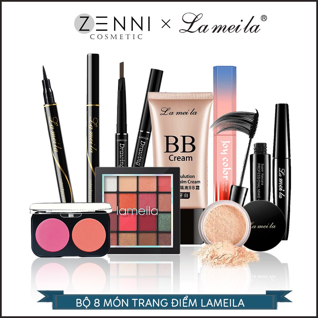 [FREESHIP] Bộ trang điểm Lameila 8 món, Sét trang điểm cá nhân chuyên nghiệp - Kem nền, bút dạ kẻ mắt, phấn má hồng, phấn mắt, phấn phủ, son - Zenni chì kẻ mày,