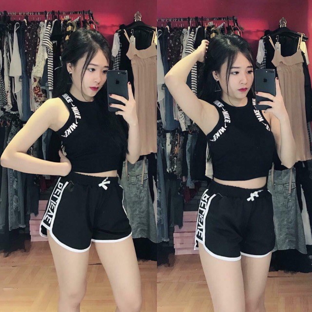 Bộ thể thao tập gym áo viền chữ + quần chữ