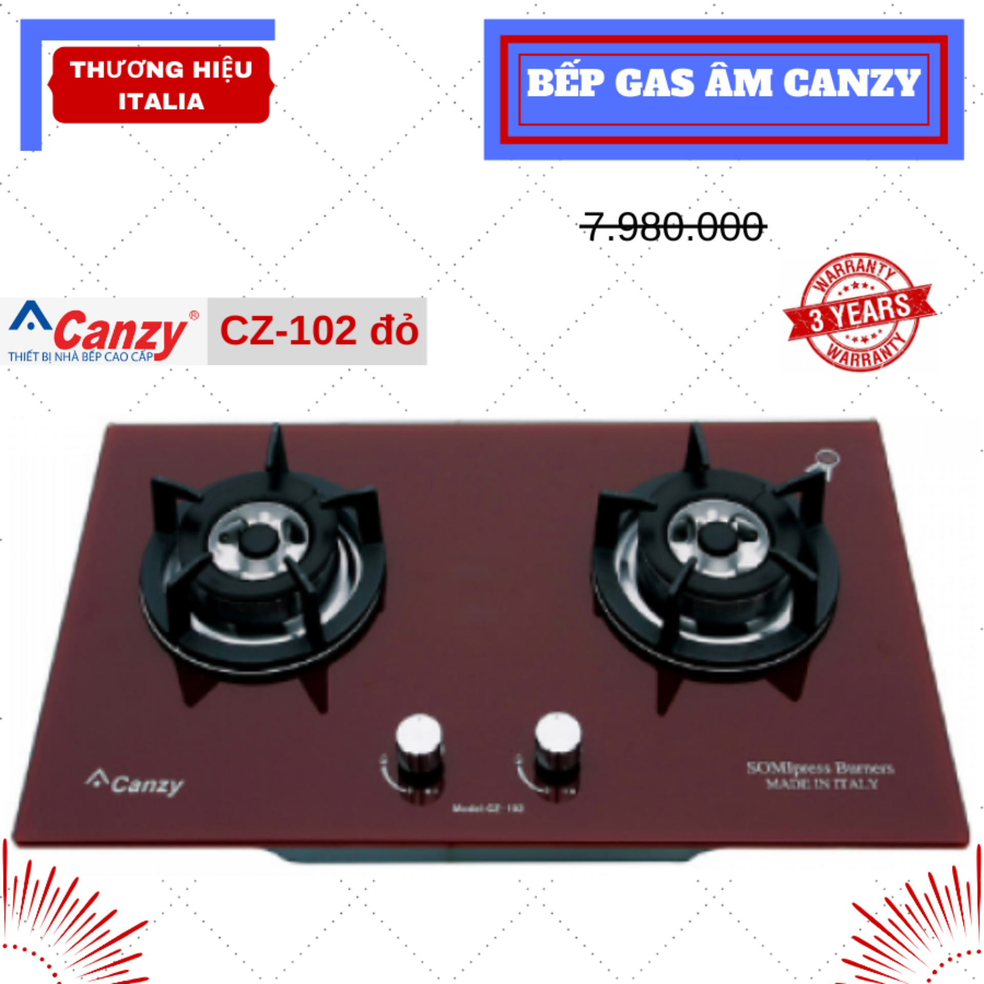 BẾP GAS ÂM CANZY CZ 102 ĐỎ - Hàng Chính Hãng (Hotline: 0899.167.587)