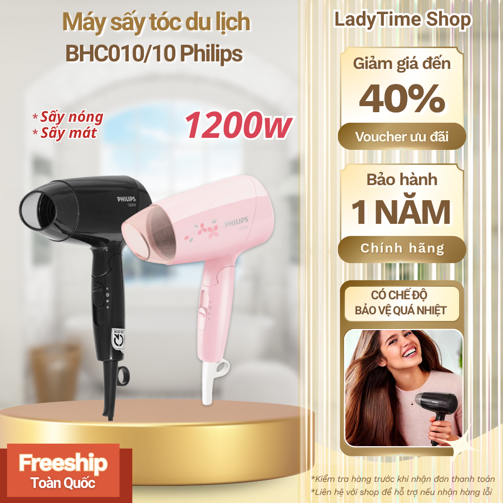  Máy Sấy Tóc Du Lịch PHILIPS BHC010 10 - BHC010 00 Công Suất 1200 W Thiết Kế Gấp Gọn 3 Chế Độ Sấy Khô Sấy Nóng Sấy Mát Bảo Hành 12 Tháng 