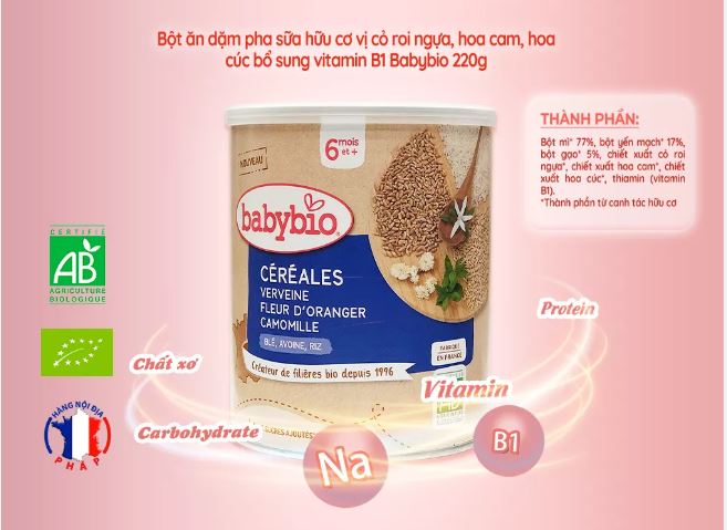 Date 08/24 Bột ăn dặm pha sữa hữu cơ bổ sung Vitamin B1 cho bé từ 6 tháng Babybio 220g