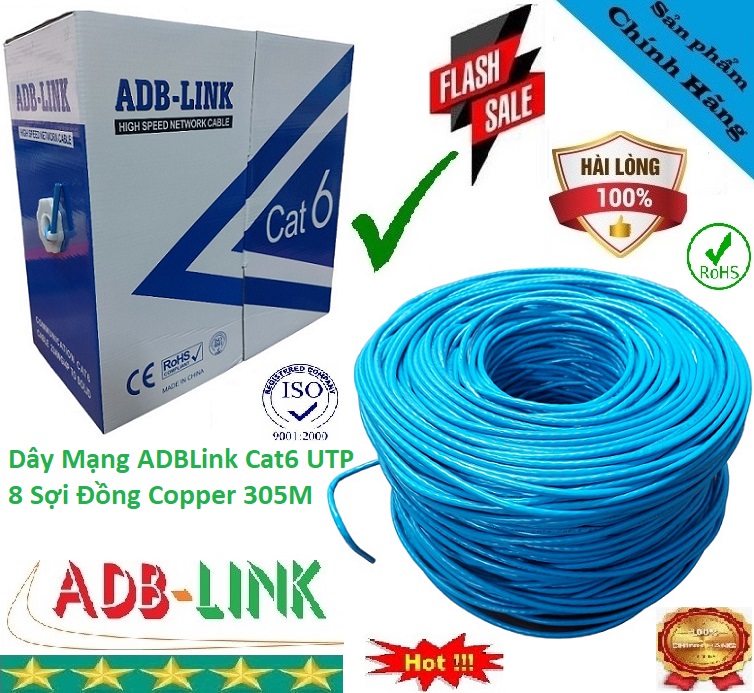 Dây Cáp Mạng ADBLink Cat6 UTP Copper 8 Sợi Đồng , Loại 305M / Cuộn , Màu Xanh , Hàng Chính Hãng