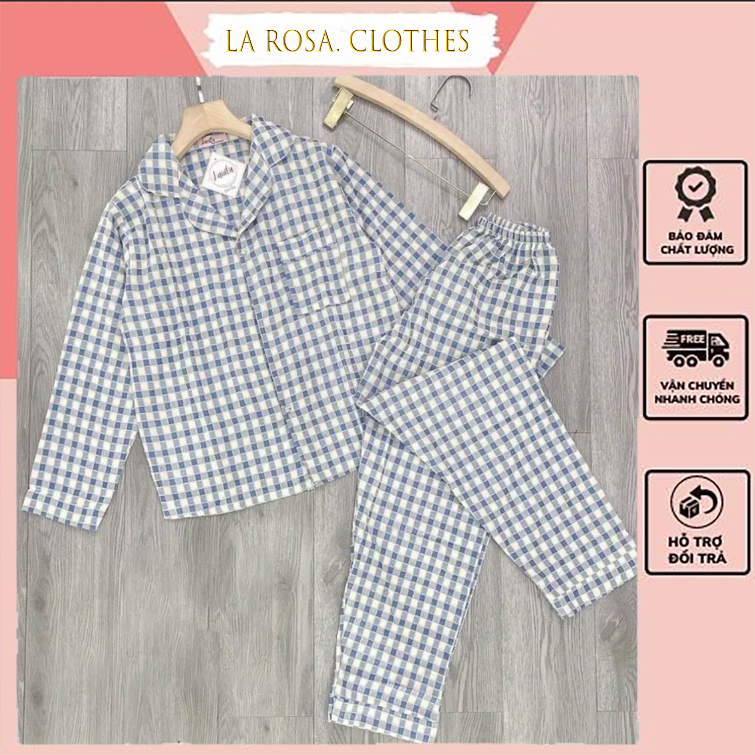 Đồ ngủ nữ mặc nhà dài tay chất đũi nhung, bộ đồ mặc nhà kẻ caro, bộ pyjama dài tay cổ truyền thống