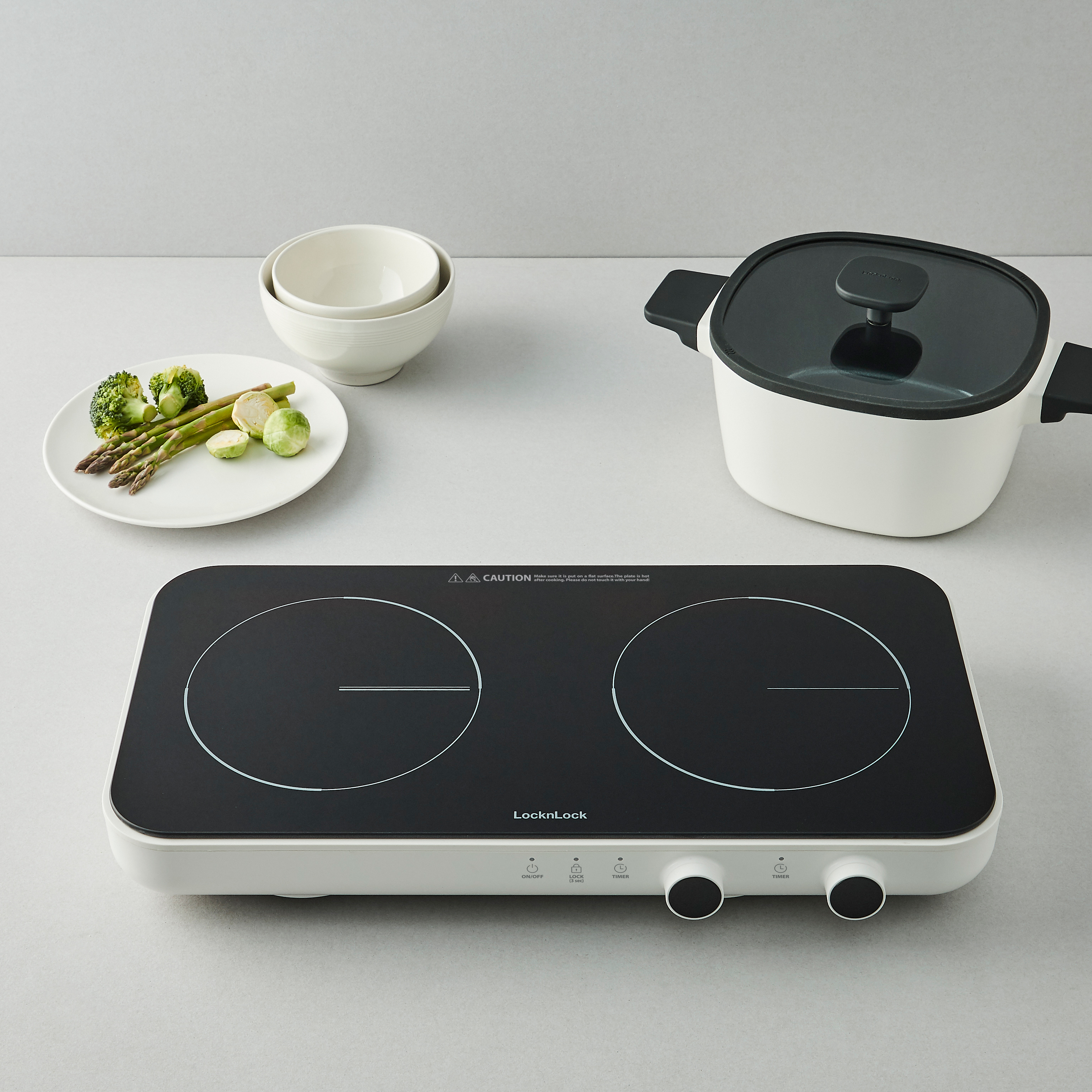 Bếp Điện Từ Đôi LocknLock EJI326WHT - Nhỏ Gọn, Mặt Kính, Khóa An Toàn, Hẹn Giờ