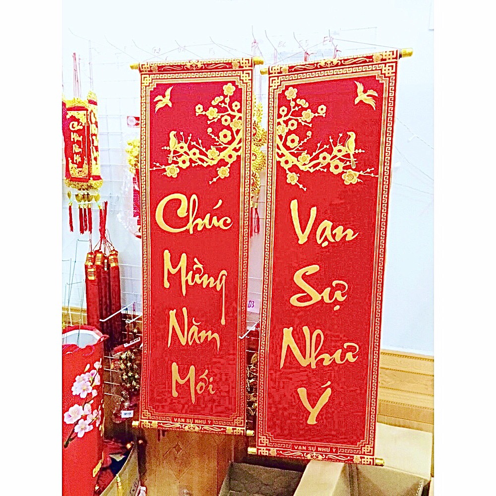 1 đôi câu đối đỏ LOẠI 2 vải nhung in chữ Việt làm quà, trang trí tết cổ truyền 30x100cm