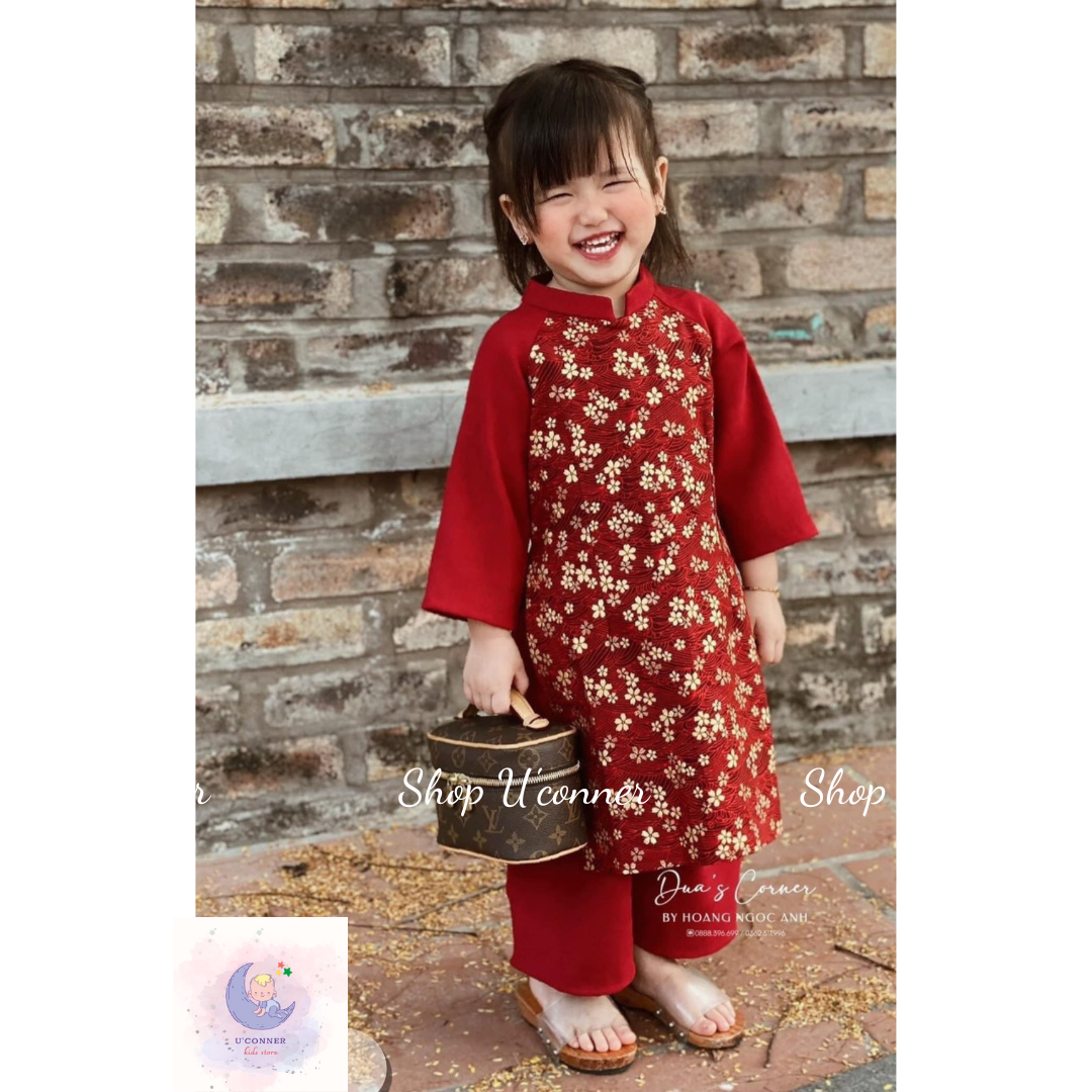Sét áo dài nhung bé gái, áo dài truyền thống bé gái, hoa nhí, chất nhung tăm mềm cho bé 16-28kg