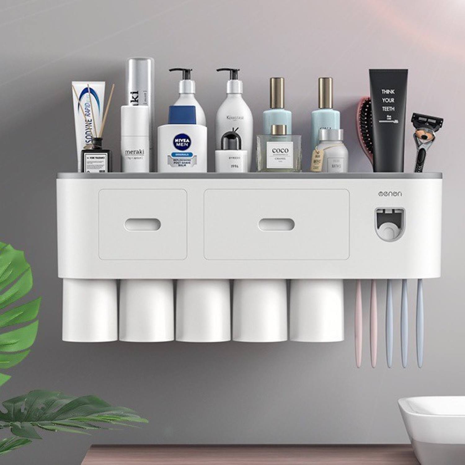 Bộ nhả kem đánh răng tự động kết hợp treo bàn chải thông minh oneon