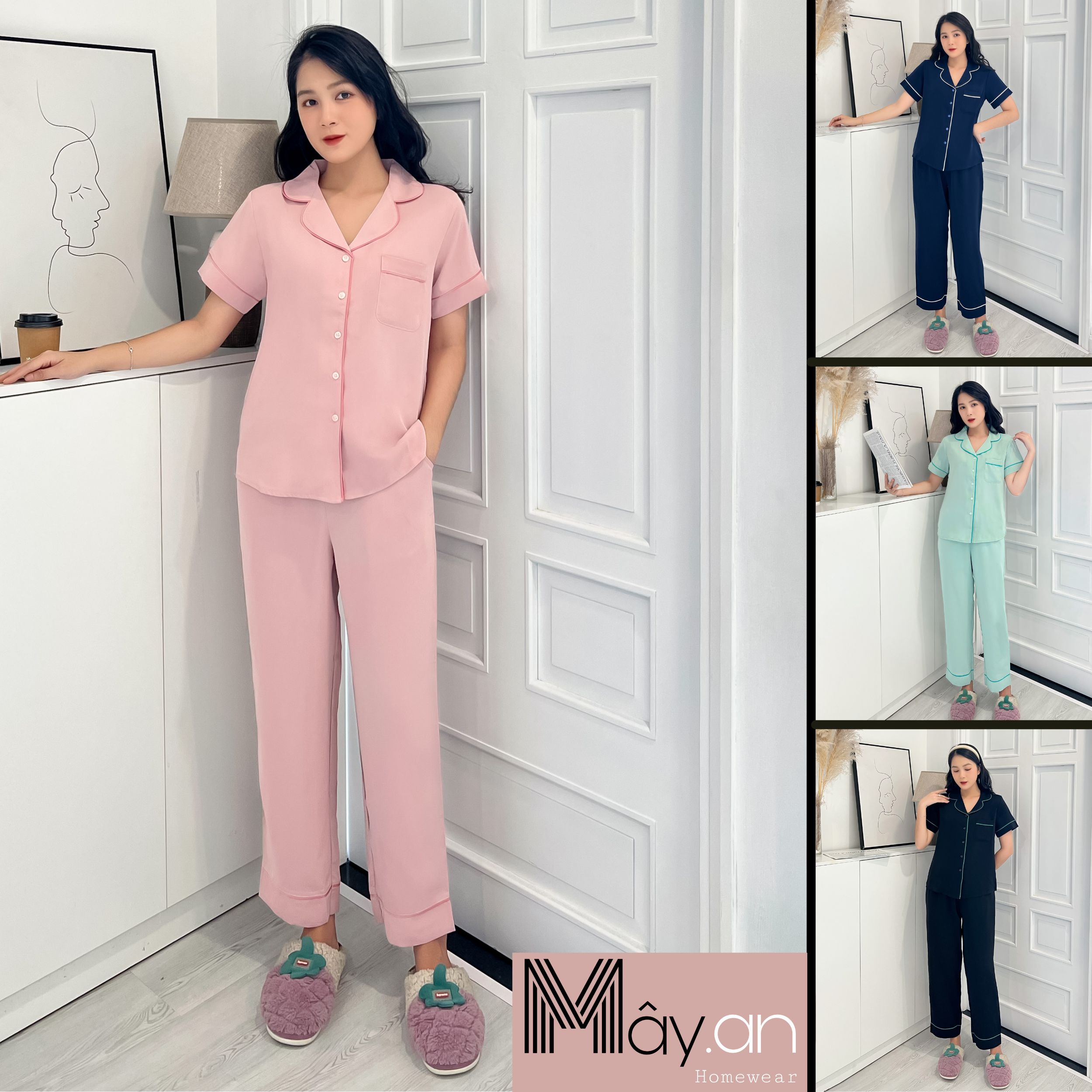 Đồ mặc nhà MÂY pijama lụa mịn Hàn quốc trơn quần dài