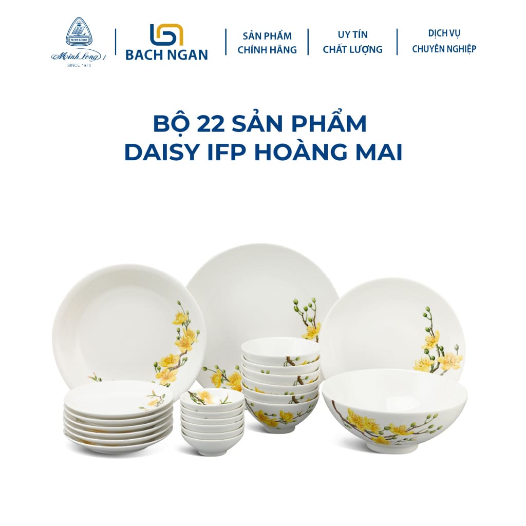 Bộ chén dĩa sứ Minh Long 22 sản phẩm DAISY IFP Hoàng Mai dùng cho gia đình, sứ đẹp cao cấp dùng đãi khách, tặng quà tết - bộ bàn ăn