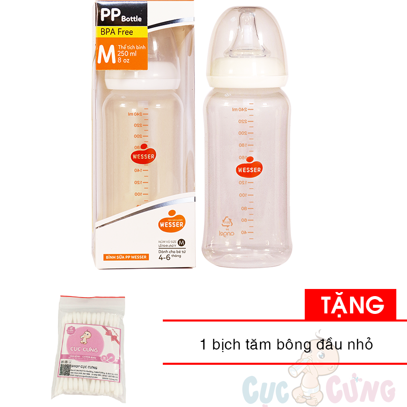 Bình sữa Wesser Nano Silver cổ thường 250ml Tặng 1 gói tăm bông đầu nhỏ- binh sua