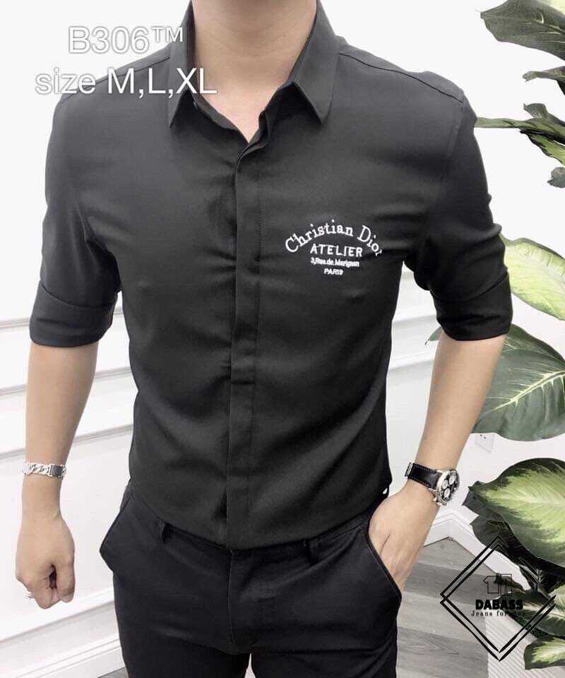 Áo sơ mi đen thêu chữ phong cách sm15