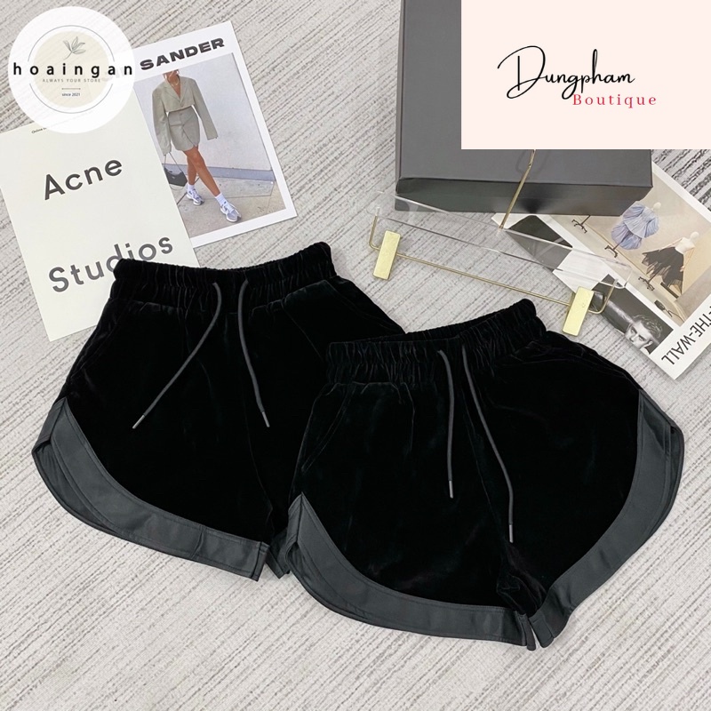Quần short nhung viền cạp chun vạt bầu