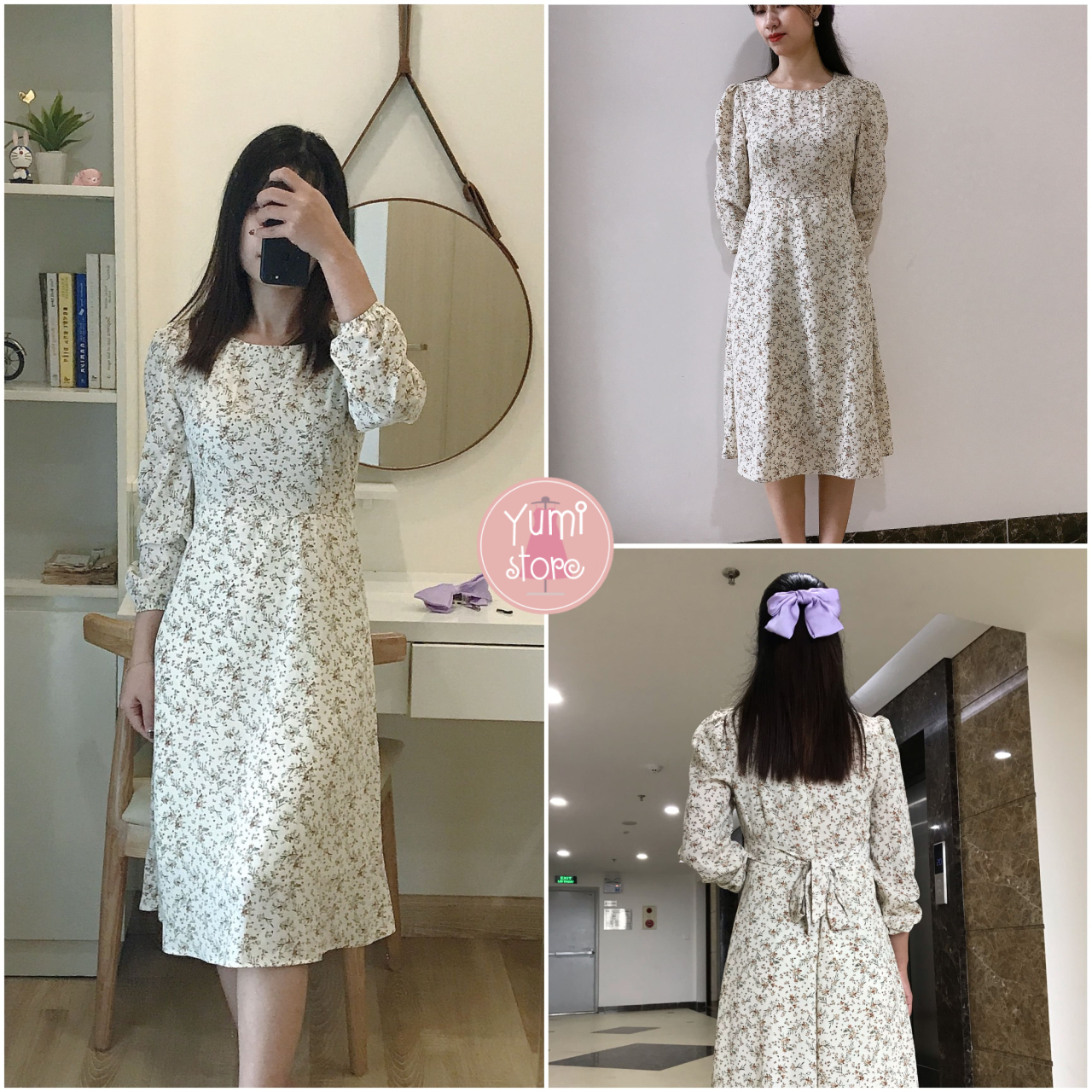 Váy hoa nhí dài tay cổ tròn màu trắng, váy suông hoa nhí chất voan lụa đẹp YUMI STORE | A434
