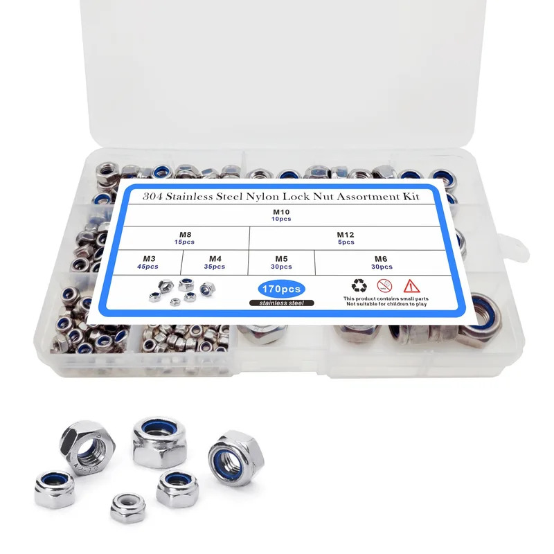 170Pcs 304 #  Stainless Steel Self-locking Hexagonal Screw Nylon Nut Blue Nylon Anti-loosening Locking Nut Kit