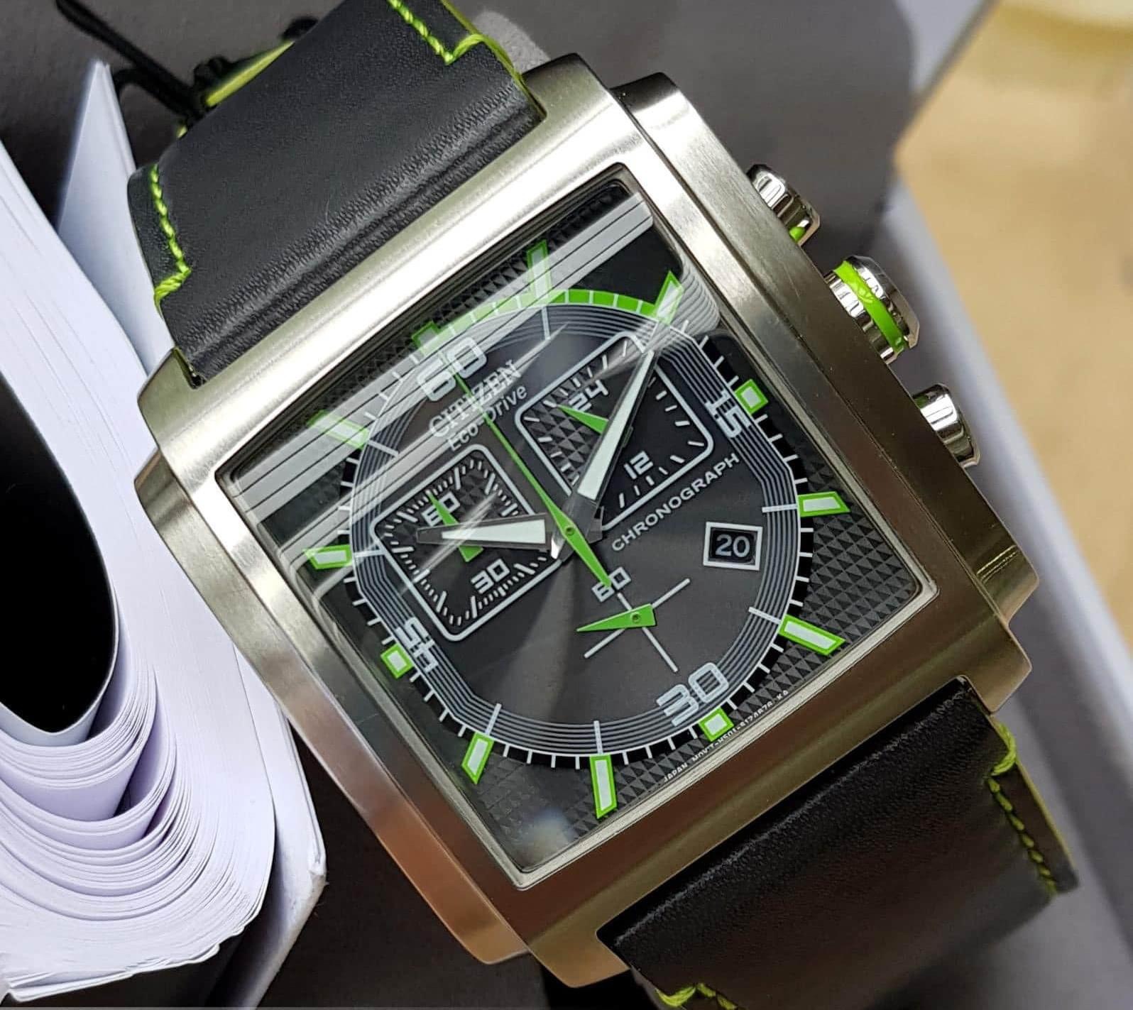 Đồng hồ nam Citizen Eco-Drive AT2210-01H chronograph - Viền luminos xanh lạ mắt