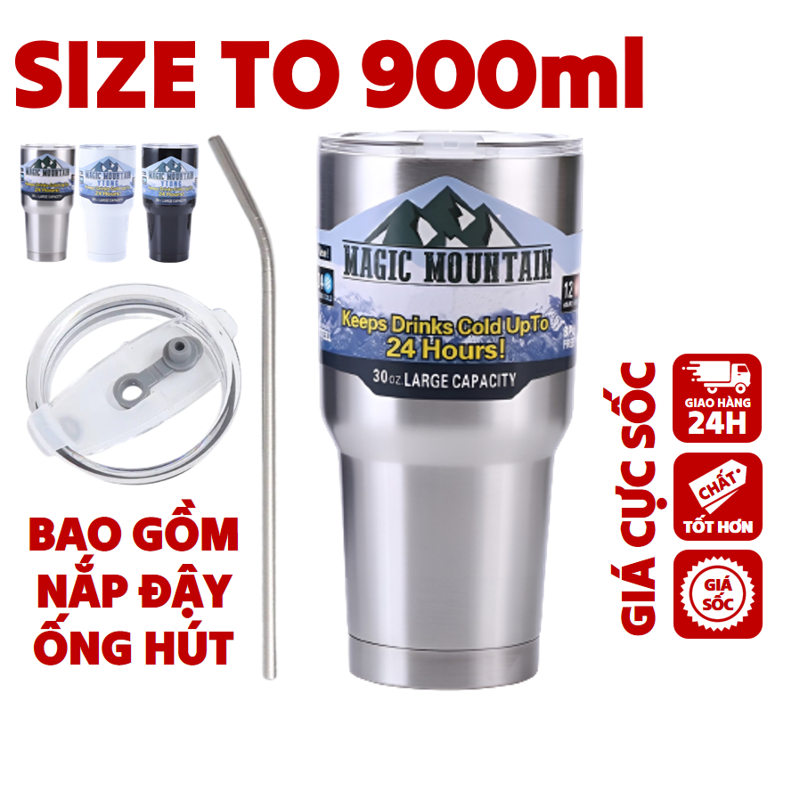 Ly Giữ Nhiệt Hot/Iced Americano Inox 304 dung tích 900ml Đúc Liền Khối Cao Cấp Có Nắp Đậy Tặng Kèm Ống Hút