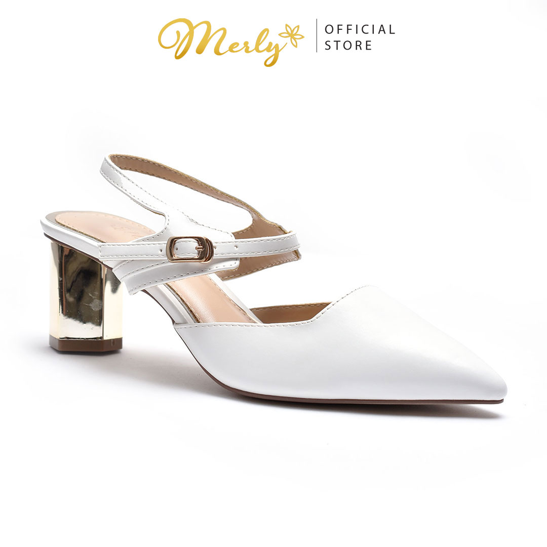 Giày sandal gót trụ mạ vàng 6cm Merly 1461, Giày sandal gót nhọn 6