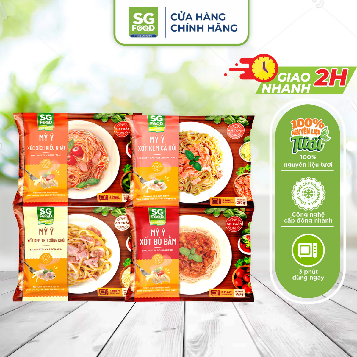 Combo 4 Mỳ Ý SG Food 250g các vị xốt bò bằm, xúc xích kiểu Nhật, xốt kem thịt xông khói, xốt kem cá hồi Giá  128,500 Đồng*Miễn phí vận chuyển