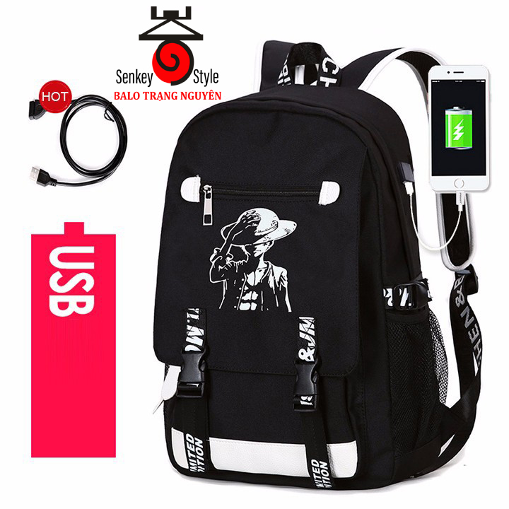 Balo nam dạ quang phát sáng hình Luffy, tặng kèm cáp sạc USB & khóa số chống trộm