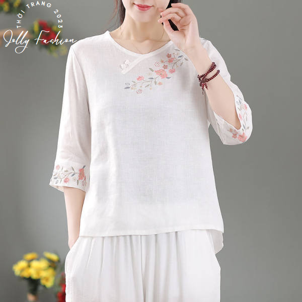 Áo trung niên nữ cổ tròn dáng suông thích hợp cho phụ nữ trung niên R4
