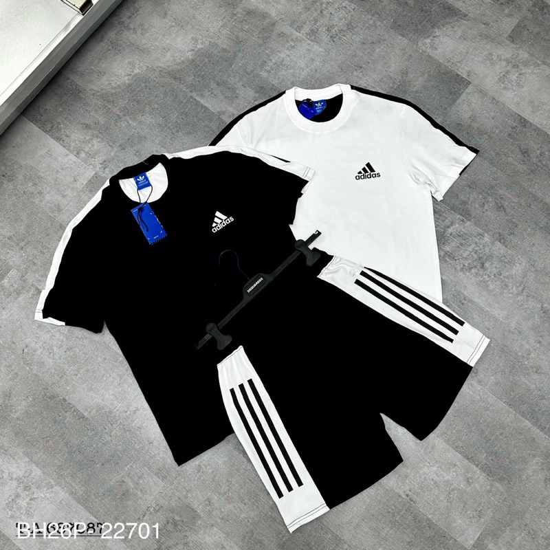 Bộ đồ nam cộc tay Das thể thao phối màu đen trắng in 3 sọc viền logo chữ ngực chất cotton kiểu dáng đơn giản BH26P
