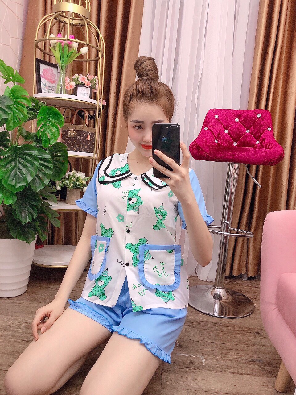 Set bộ mặc nhà kate lụa đùi tiểu thư hình gấu dễ thương phom từ 40-60kg Góc Vườn Shop