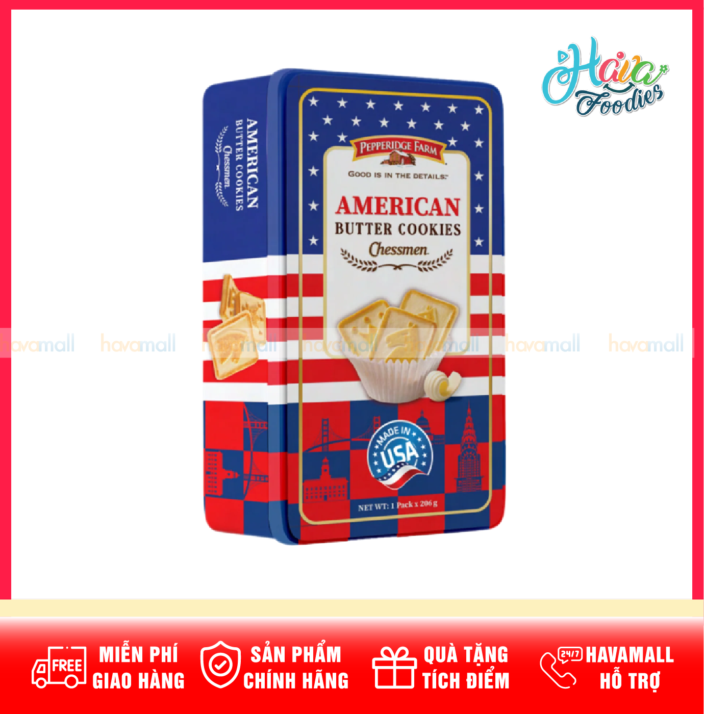 Bánh Quy Bơ Mỹ Chessmen Pepperidge Farm Hộp Thiếc 206g – American Butter Cookies Chessmen