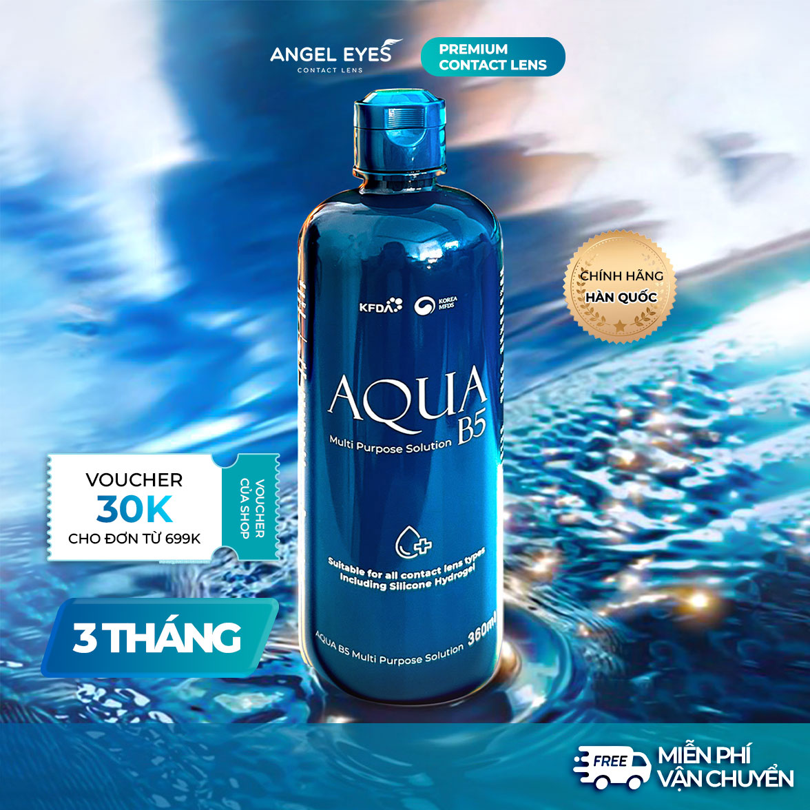 Voucher 150k đơn 499k- Nhập mã SANPHAMMOI10 Nước ngâm lens Angel Eyes Aqua B5 dung tích 160ml (Nước rửa kính áp tròng | Dung dịch ngâm kính áp tròng | Nước rửa lens | Dung dịch ngâm lens)